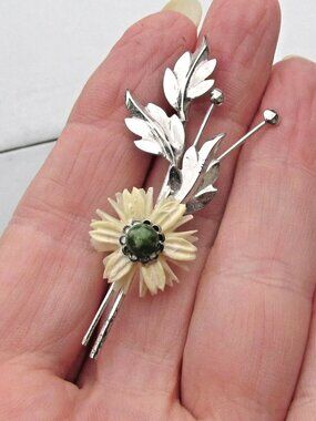 Vintage Signed DCE CURTIS Sterling Silver Jade & Carved Flower Brooch Pin